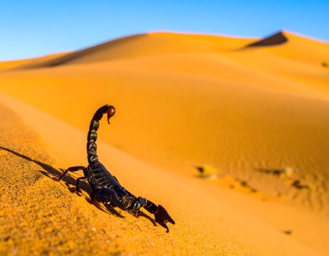 A black scorpion crawls across golden desert sand dunes under a clear blue sky