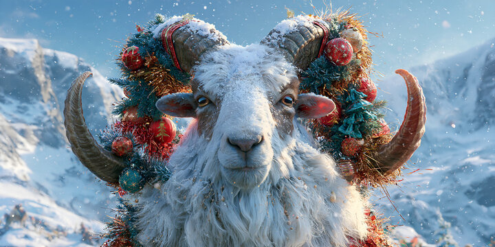 Ram with Christmas baubles and tinsel wound round its horns
