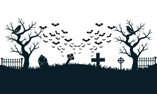 Happy Halloween banner background with graveyard raven tree bats and spooky silhouette vector illustration