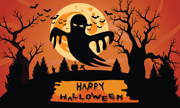 Happy Halloween banner background with ghost silhouette full moon spooky trees bats and typography vector illustration