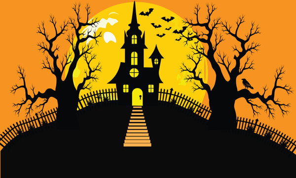 Happy Halloween banner background with haunted house stairs full moon fence bats and raven vector illustration