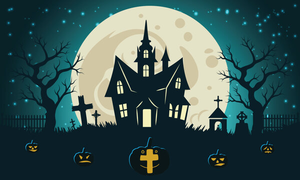 Happy Halloween banner background with haunted castle full moon pumpkin jack o lantern and graveyard vector illustration