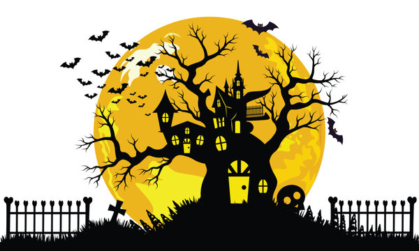 Happy Halloween banner background with haunted tree house full moon fence and bats vector illustration