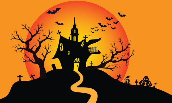 Happy Halloween banner background with spooky haunted house winding road full moon graves and bats vector illustration