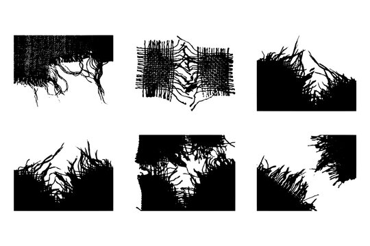 Distressed fabric textures with torn edges and frayed threads on white