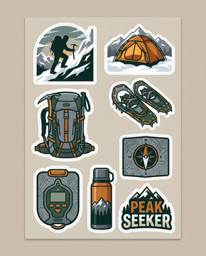 Winter mountaineering sticker pack mockup. Outdoor adventure hiking gear with backpack, tent, snowshoes, compass, thermos, and climber silhouette. Wilderness camping digital illustration set.