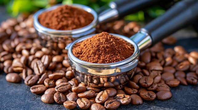 Close-up of polished stainless steel portafilter baskets filled with finely ground coffee, surrounded by freshly roasted beans on a matte black surface, moody cinematic lighting highlighting the cof