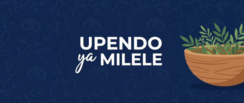 Swahili wedding banner eternal love typography Upendo ya Milele with botanical leaves and ring pattern background for African marriage celebration and invitation card design