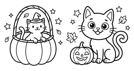 Fototapeta premium Delightful halloween coloring pages featuring adorable cats in costumes with pumpkins and sparkling stars for kids and families to enjoy