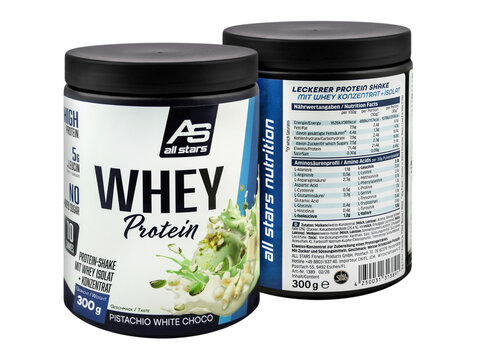 AS  All Stars Whey Protein Isolat Shake Pistachio White Choco Hintergrund transparent PNG cut out