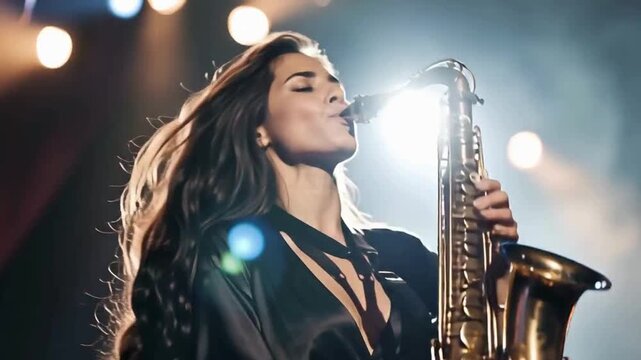 Elegant Woman Performing Passionately on Saxophone in Luxury Jazz Club