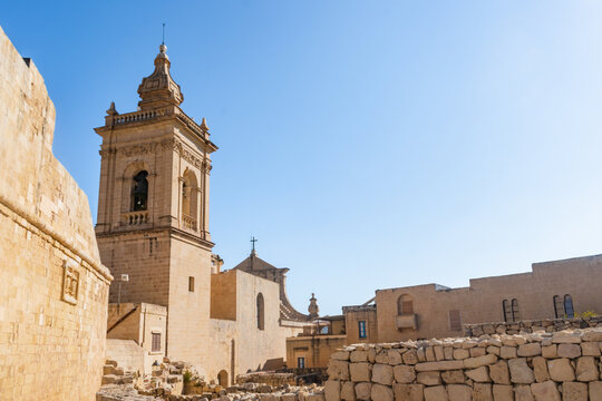 Walls of the Citadel fortress and bell tower of the Assumption Cathedral, Victoria - Gozo MALTA