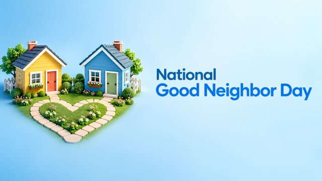 National Good Neighbor Day 3D Illustration with Colorful Houses and Heart Path background banner