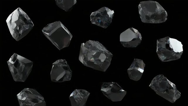 Scattered black obsidian shards with reflective facets on a black background
