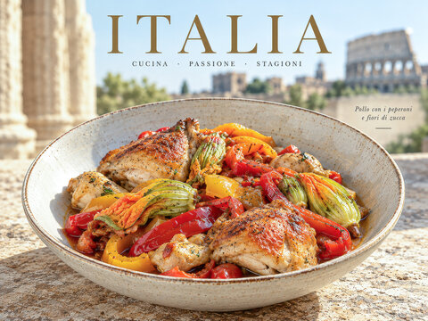 Pollo con i peperoni e con fiori di zucca - Traditionelles italienisches Gericht mit H&auml;hnchen, Paprika und Zucchinibl&uuml;ten, pr&auml;sentiert vor dem Kolosseum in Rom