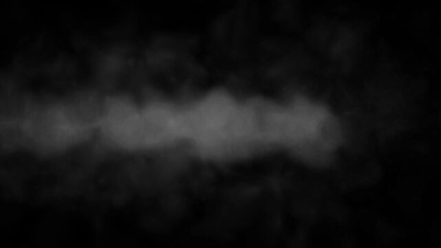 Cinematic white smoke cloud slowly floating horizontally across black background in dark studio environment.