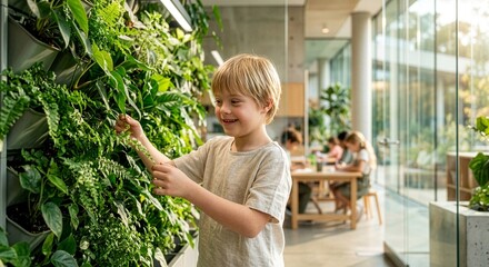Chłopie z zespołem Down z fascynacją i uśmiechem dotyka liści hydroponicznej ściany z żywymi roślinami wewnątrz nowoczesnej, przeszklonej, nowoczesnej sali szkolnej