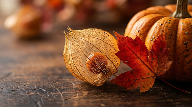 Autumn still life with pumpkin physalis and maple leaf on wooden table