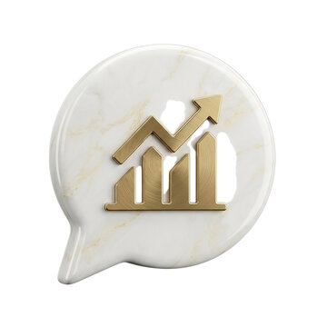 A 3D render of a golden financial growth chart inside a marble speech bubble icon transparent background
