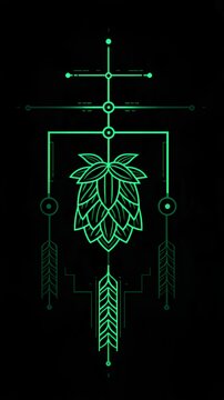 Symmetrical neon green wireframe hop cone geometric abstract symbol for futuristic Oktoberfest craft beer graphic design overlay
