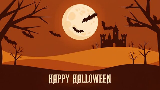 Spooky halloween background with flying bats and castle silhouette