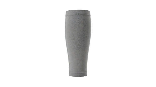 Grey compression calf sleeve for sports recovery, elastic leg support brace for athletes, breathable fabric shin guard wrap on white background
