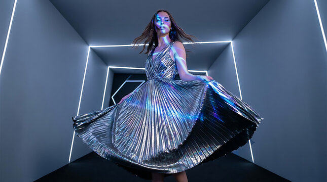Woman dancing in a futuristic glowing hallway wearing a shiny silver dress with projection lights.