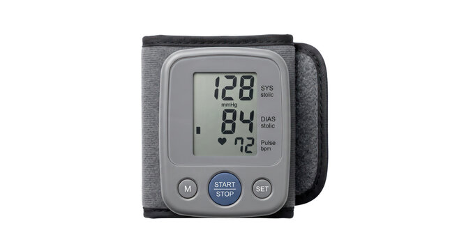 Digital wrist blood pressure monitor with LCD display, automatic sphygmomanometer for heart rate tracking, medical diagnostic tool on white background