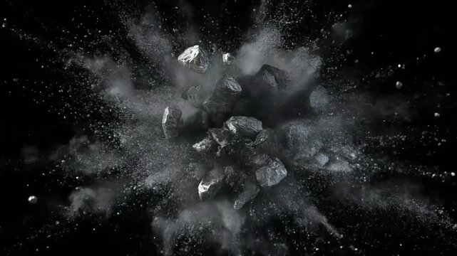 Grey rocks exploding in slow motion against a black background