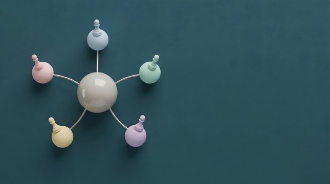 Central gray sphere connected to five pastel colored chess pawn spheres by curved metal rods, symbolizing network hub, team connection and centralized management concept