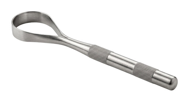 Stainless steel tongue scraper for oral hygiene, professional metal tongue cleaner with textured handle, dental care tool on white background
