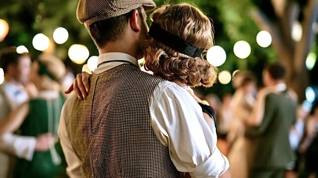 Couple dancing intimately at a vintage themed outdoor party, celebrating love and romance under string lights with other guests blurred in the background, creating a festive, nostalgic atmosphere