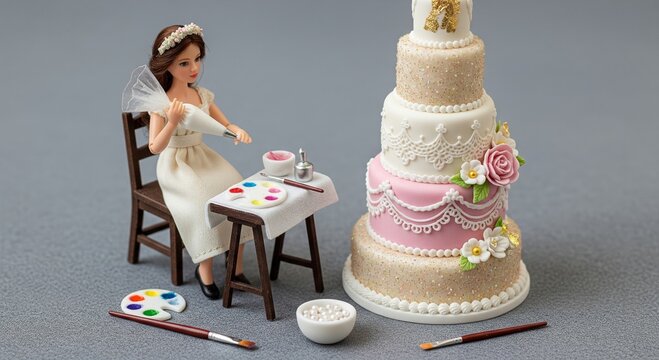 Bride Doll Decorating a Miniature Wedding Cake