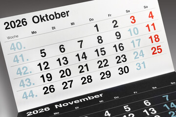 Plakat Deutscher Kalender Monat Oktober 2026