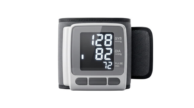 Digital blood pressure monitor with wrist cuff, automatic sphygmomanometer showing medical readings, electronic heart rate and pulse meter on white background