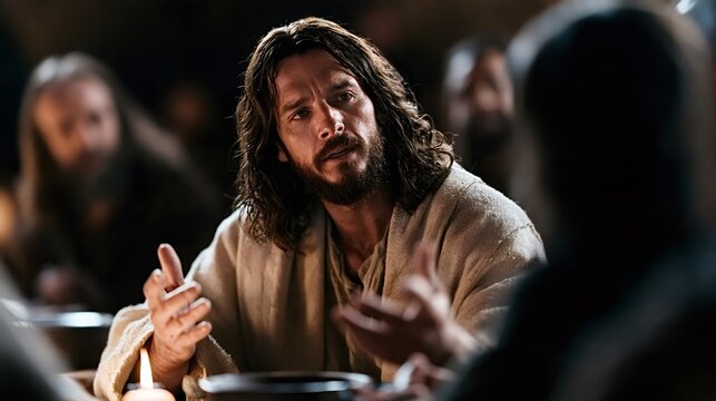 Jesus christ, portrayed by jonathan roumie, passionately teaching and discussing spiritual concepts with his disciples at a candlelit table during a solemn gathering
