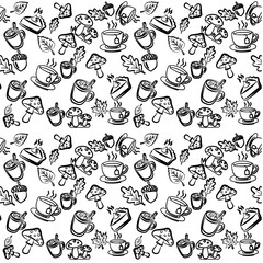 Obraz premium seamless digital pattern featuring hand-drawn autumn-themed line art doodles on white background