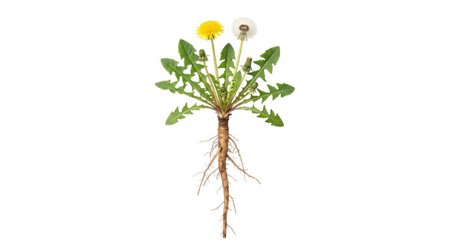 Dandelion plant with root system. Yellow flower head and white seed head. Isolated on white