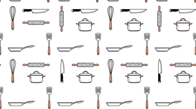 Seamless pattern vector illustration of kitchen cooking utensils including pots pans knives whisks spatulas and rolling pins backdrop