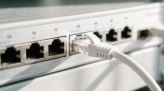 white ethernet cable plugged into metal network switch device port connecting internet data transmission inside modern server room rack infrastructure