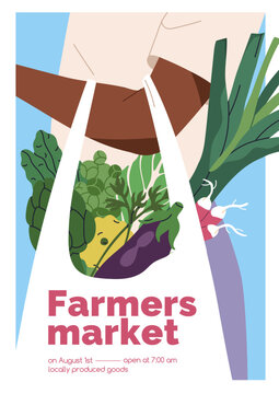 Bag from food market, vector poster design. Hand with grocery bag after food shopping, poster template. Card background, store flyer design with organic healthy vegetables. Vector illustration