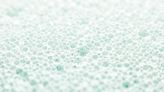 Extreme macro close up photograph capturing porous texture and cellular bubble structure of light green synthetic foam sponge material surface pattern