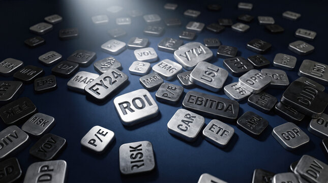 Scattered metallic square tiles engraved with financial acronyms like return on investment resting upon dark blue table featuring business market terms