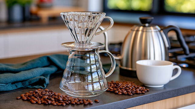 Artisan pour-over coffee station in a modern kitchen, clear glass dripper resting on a glass carafe beside a stainless steel kettle and white ceramic cup, freshly roasted coffee beans scattered acro