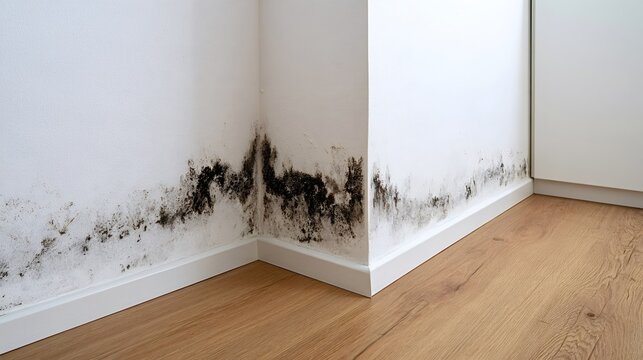 Black mold and fungus growing on the corner of a white wall, indicating dampness, moisture, and water damage in a residential interior, posing a health hazard