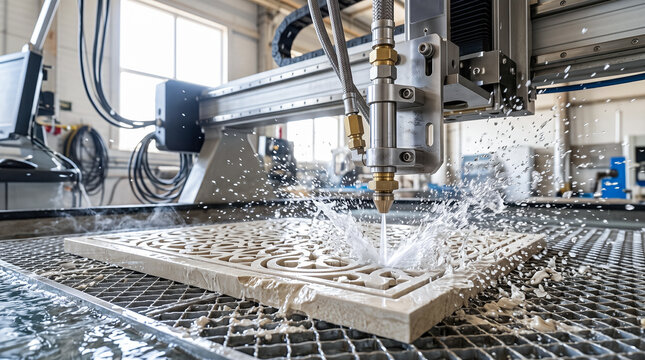 High pressure industrial waterjet cutting machine spraying water mist while carving intricate ornamental patterns into polished stone slab