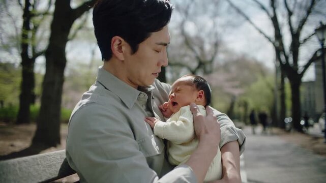Soothing father wearing pale shirt cradling infant on wooden bench while infant fussing