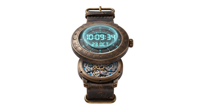 Steampunk digital wristwatch with bronze metal casing, futuristic glowing blue interface on vintage leather strap, mechanical clockwork details isolated PNG with Transparent Background