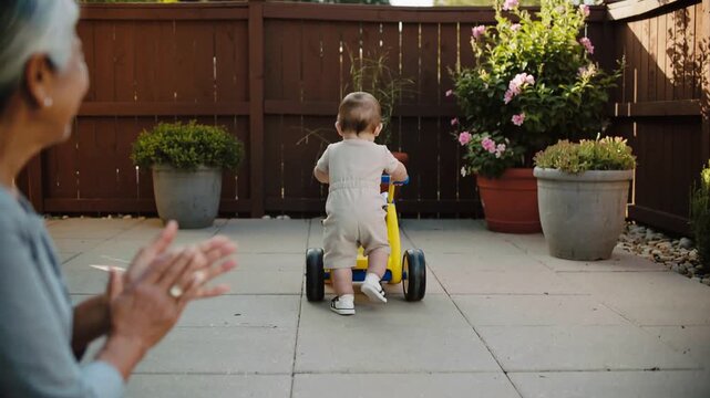 Pushing yellow walker infant in romper taking steps across patio toward plants with nana clapping