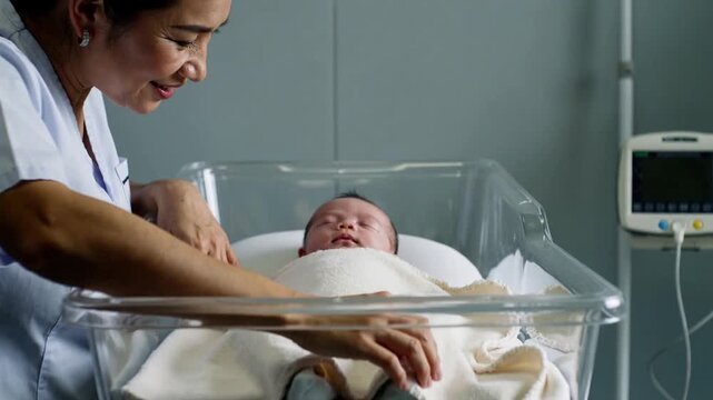 Placing nurse in white scrubs smoothing cream blanket for newborn comfort in ward, checking monitor